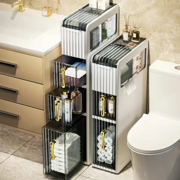 Giá lưu trữ phòng tắm bằng nhựa sang trọng nhẹ: Loại sàn tủ hẹp Xe đẩy di động Bồn rửa Tủ lưu trữ Tổ chức hiệu quả