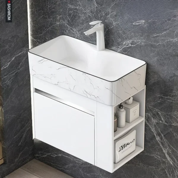 Tủ phòng tắm mini tối giản có ngăn lưu trữ bên hông Tủ trang điểm phòng tắm bằng gốm tích hợp có bồn rửa Nội thất phòng tắm