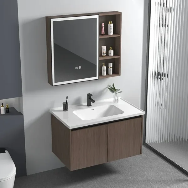 Mới Màu Đen Gỗ Óc Chó Màu Tủ Nhôm Vanity Với Samrt Tủ Gương Phòng Tắm Chậu Rửa Chậu Nội Thất Phòng Tắm