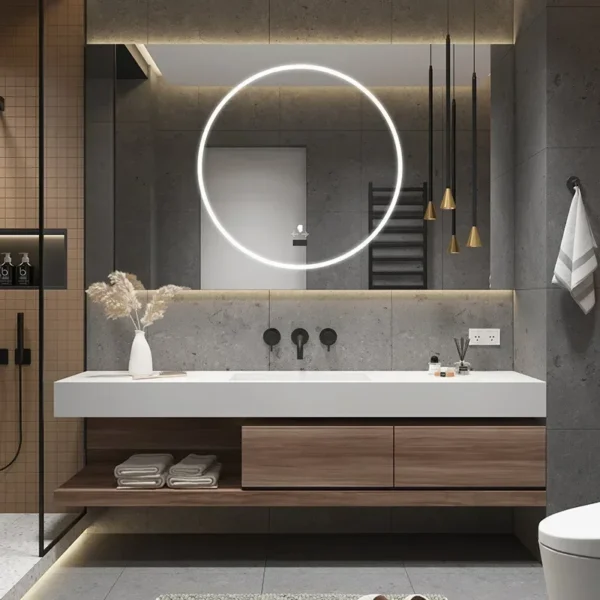 Tủ gương thông minh mới Đá phiến gốm tích hợp chậu rửa phòng tắm Tủ trang điểm có bồn rửa Nội thất phòng tắm