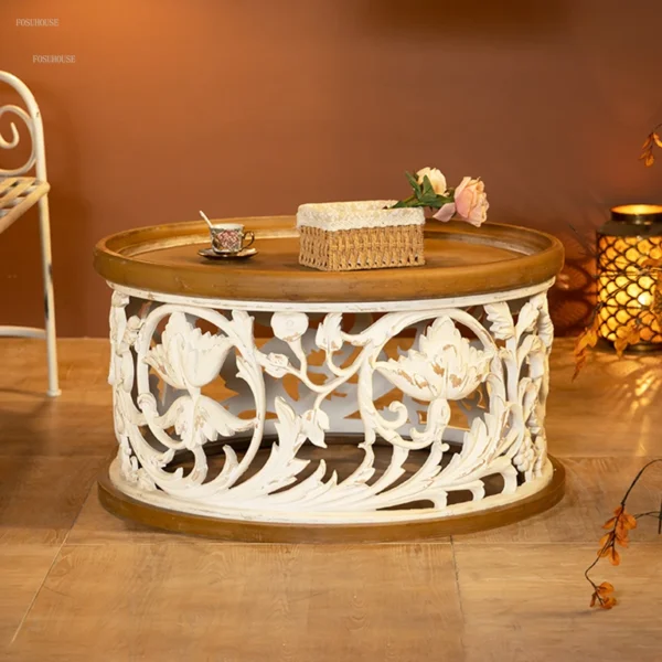 Bắc Âu Retro Bàn Cà Phê Hiện Đại Ghế Sofa Phòng Khách Bên Bàn Cũ Rỗng Khắc Bàn Trà Home Gỗ Chắc Chắn Bàn Tròn Nhỏ
