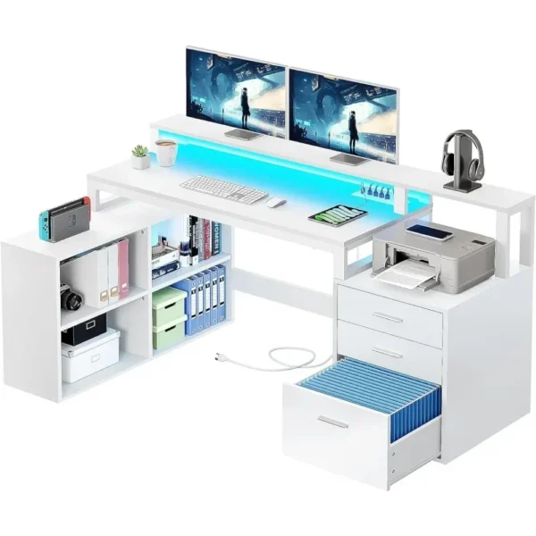 Bàn Gấp Di Động Cho Giường Laptop Bàn Hình Chữ L Có Ổ Cắm Điện & Đèn LED & Tủ Hồ Sơ Đồ Nội Thất Miễn Phí Vận Chuyển Màu Trắng