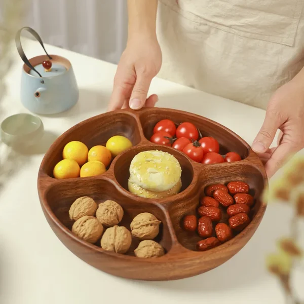 Đĩa đựng trái cây bằng gỗ óc chó, đĩa ăn nhẹ trái cây sấy khô, bát salad bằng gỗ keo, chậu gỗ, đĩa ăn lớn