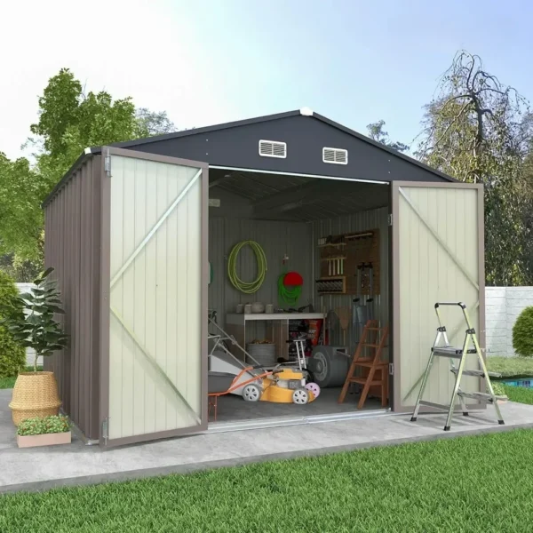 Nhà kho kim loại ngoài trời 10x8 FT – Lưu trữ dụng cụ làm vườn, mái dốc, cửa đôi có khóa an toàn