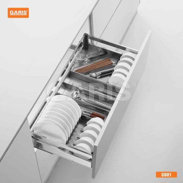 Giá bát đĩa inox hộp cánh kéo giảm chấn tiện ích tủ bếp với thiết kế hiện đại, thẩm mỹ