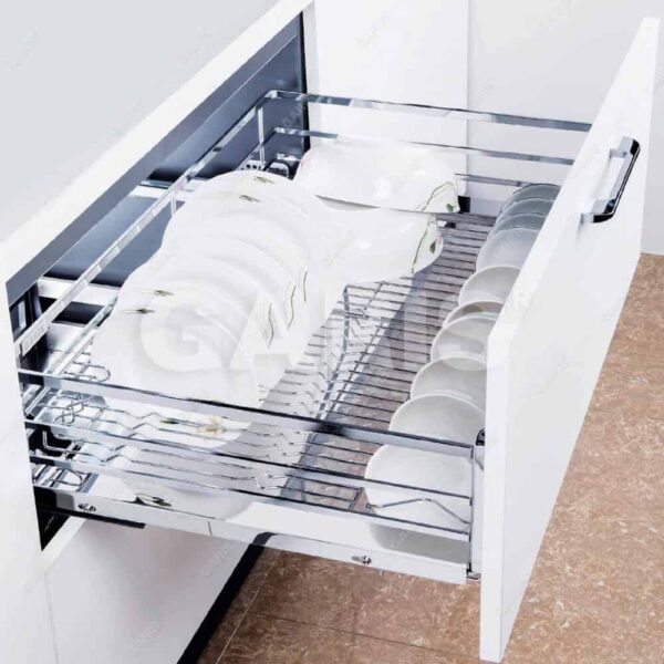 Giá bát đĩa Inox nan vuông cánh kéo tiện ích tủ bếp với thiết kế hiện đại, thẩm mỹ