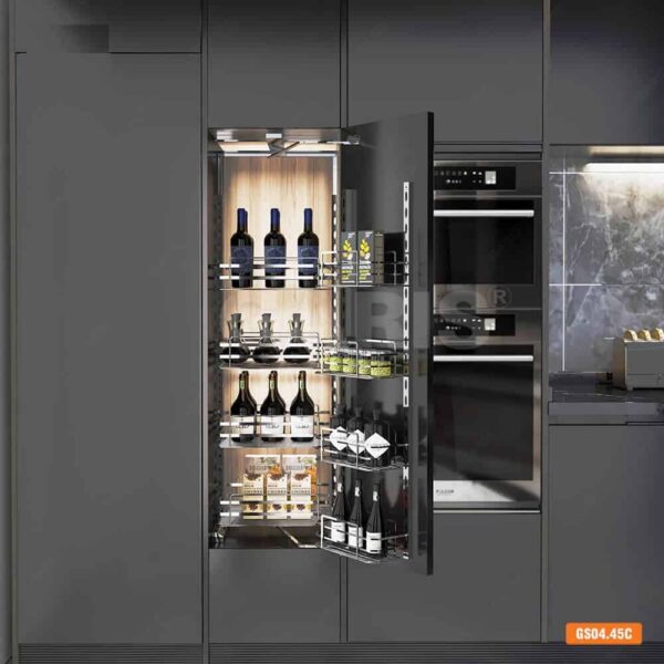 Hệ giá kho 4 tầng inox nan cánh mở Garis tiện ích tủ bếp với thiết kế hiện đại, thẩm mỹ