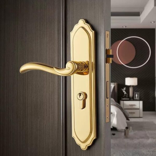 Khóa cửa tay gạt uốn lượn mạ vàng cao cấp chống trộm an toàn cho cửa gỗ kiểu Âu