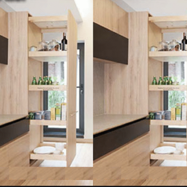 Hệ giá kho 4 tầng bằng gỗ Hettich tiện ích tủ bếp với thiết kế hiện đại, thẩm mỹ