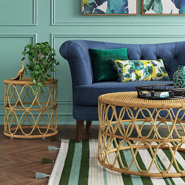 Bàn trà mây đan decor cạnh góc sofa độc đáo – tôn vinh vẻ đẹp tự nhiên và thủ công