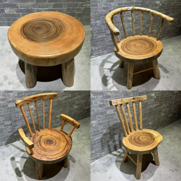 Ghế đẩu khắc rễ cây long não bằng gỗ nguyên khối sinh thái nguyên bản phong cách wabi-sabi phòng trà gia đình kết hợp bàn trà và ghế