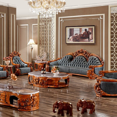 Ghế sofa da mun phong cách Châu Âu biệt thự căn hộ lớn phòng khách lớp đầu tiên da bò nguyên khối chạm khắc gỗ cao cấp kết hợp sang trọng