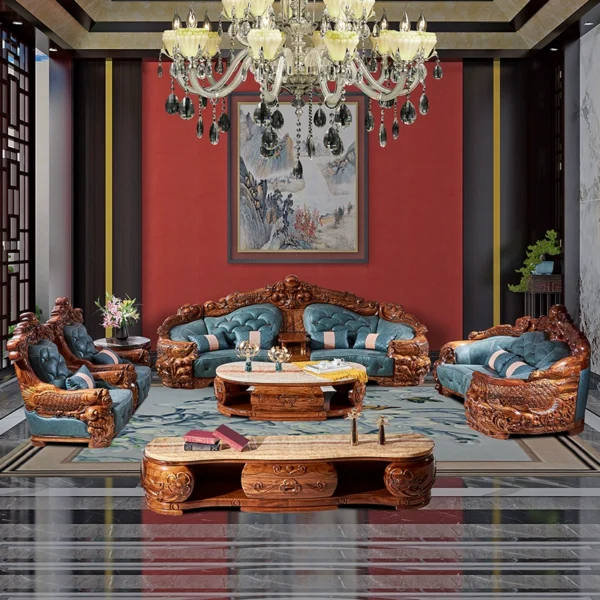 Ghế sofa da mun phong cách Châu Âu cho biệt thự, căn hộ lớn, phòng khách, gỗ nguyên khối, chạm khắc, đồ nội thất da bò cao cấp sang trọng