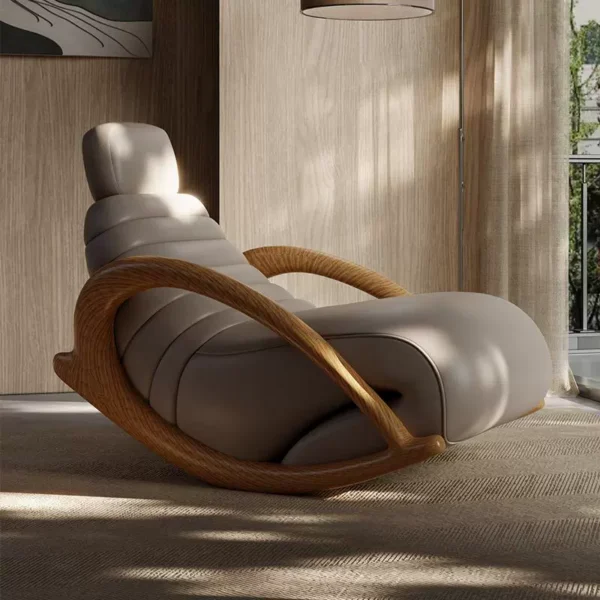 Ghế bành đơn da kiểu Ý sang trọng tối giản gỗ nguyên khối ghế bập bênh sofa thư giãn ban công