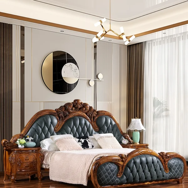 Giường đôi gỗ mun nguyên khối phong cách Châu Âu, da thật, lớp da bò đầu tiên, phòng ngủ sang trọng 1,8 mét, phòng ngủ chính 2 mét, giường cưới cao cấp