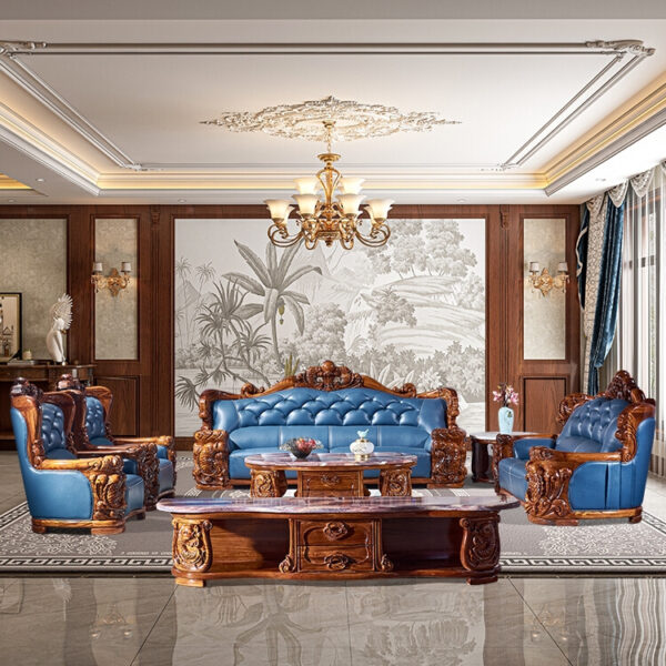 Ghế sofa phong cách Châu Âu bọc da mun cho phòng khách biệt thự rộng rãi, chạm khắc gỗ nguyên khối, kết hợp nội thất da bò lớp trên cùng