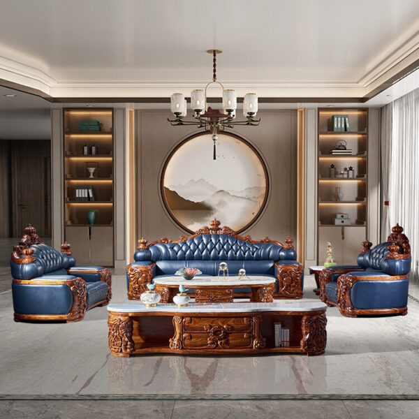 Ghế sofa da mun phong cách Châu Âu, lớp da bò cao cấp, biệt thự, căn hộ lớn, phòng khách, kết hợp đồ nội thất cao cấp bằng gỗ nguyên khối chạm khắc