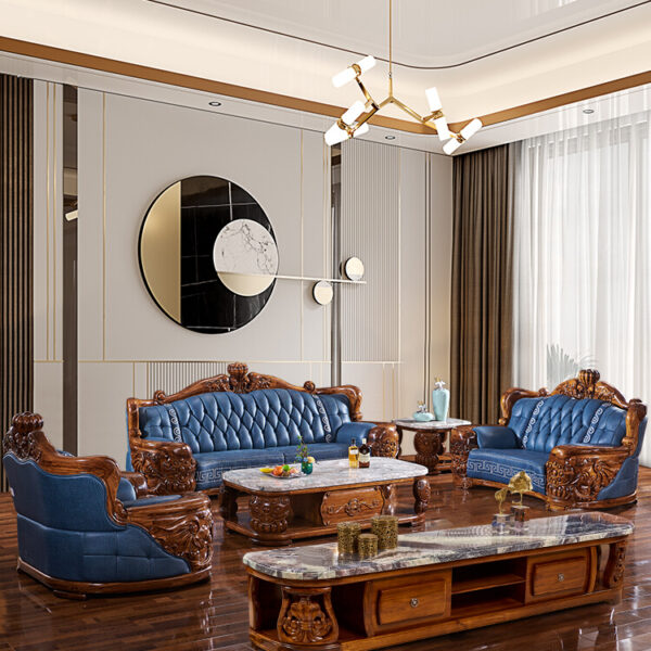 Ghế sofa gỗ mun phong cách Châu Âu với da thật và gỗ nguyên khối chạm khắc cho biệt thự lớn, phòng khách, lớp da bò trên cùng, đồ nội thất sang trọng cao cấp
