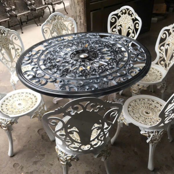 Bộ bàn ghế nhôm đúc sân vườn đường kính 1m2, thiết kế chắc chắn, sang trọng